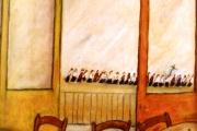 Interno con processione sullo sfondo -olio su cartone telato-1967