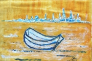 Barca su mare giallo, Olio su tela, 	38X32 circa	Agosto/sett. 2015