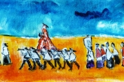 Processione con statua rossa, Olio su tela, 	15,5X49 	Sett. 2015